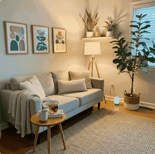 Calm therapy room with soft lighting and comfortable seating for anxiety treatment
